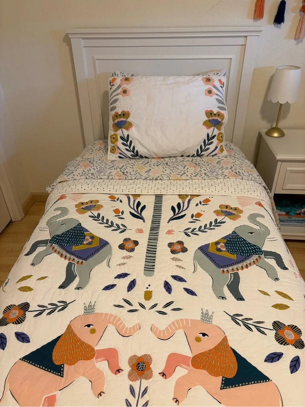 Crate and Kids Twin Embroidered Bedding Set for Girls with Elephant Theme